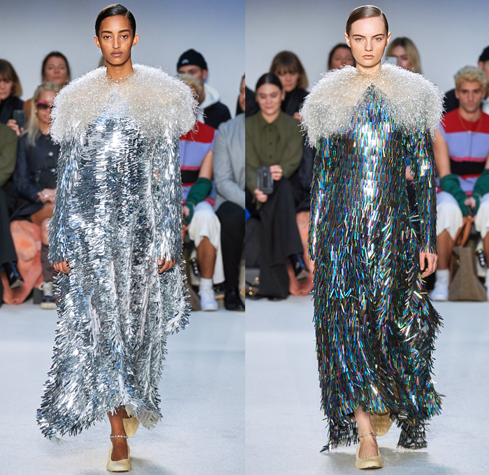 JW Anderson 2020-2021 Fall Autumn Winter Womens Runway Catwalk Looks - London Fashion Week Collections UK - Puff Ball Skirt Maxi Dress Gown Scales Fringes Tiered Silk Satin Turtleneck Bedazzled Embroidery Beads Crystals Wrap Draped Cape Poncho Cloak Gold Metallic Stripes Waves Asymmetrical Ruffles Pussycat Bow Sheer Chiffon Knit Cinch Drawstring Leg O'Mutton Bell Sleeves Tie Up Waist Trench Coat Pantsuit Coatdress Oversized Wide Lapel Boots Fur Flats Claw Handbag