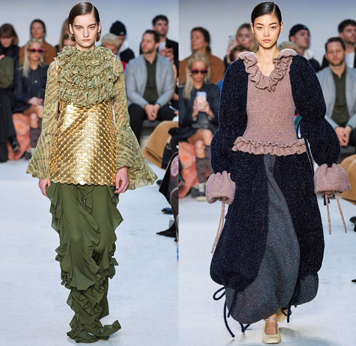 JW Anderson 2020-2021 Fall Autumn Winter Womens Runway Catwalk Looks - London Fashion Week Collections UK - Puff Ball Skirt Maxi Dress Gown Scales Fringes Tiered Silk Satin Turtleneck Bedazzled Embroidery Beads Crystals Wrap Draped Cape Poncho Cloak Gold Metallic Stripes Waves Asymmetrical Ruffles Pussycat Bow Sheer Chiffon Knit Cinch Drawstring Leg O'Mutton Bell Sleeves Tie Up Waist Trench Coat Pantsuit Coatdress Oversized Wide Lapel Boots Fur Flats Claw Handbag