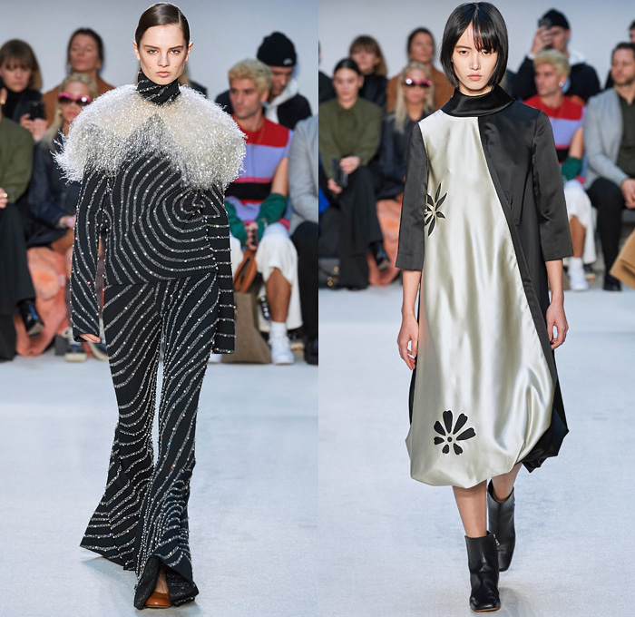 JW Anderson 2020-2021 Fall Autumn Winter Womens Runway Catwalk Looks - London Fashion Week Collections UK - Puff Ball Skirt Maxi Dress Gown Scales Fringes Tiered Silk Satin Turtleneck Bedazzled Embroidery Beads Crystals Wrap Draped Cape Poncho Cloak Gold Metallic Stripes Waves Asymmetrical Ruffles Pussycat Bow Sheer Chiffon Knit Cinch Drawstring Leg O'Mutton Bell Sleeves Tie Up Waist Trench Coat Pantsuit Coatdress Oversized Wide Lapel Boots Fur Flats Claw Handbag