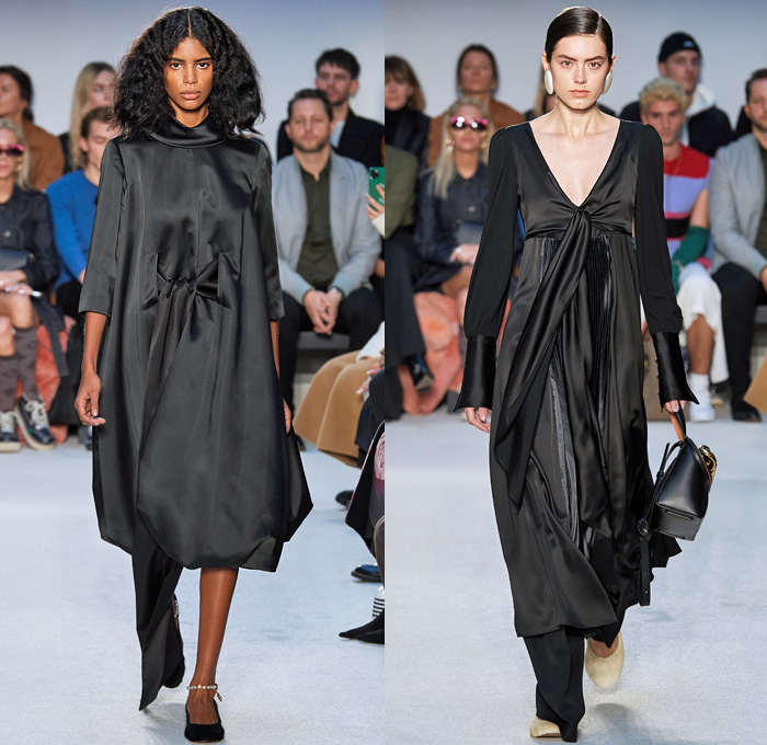 JW Anderson 2020-2021 Fall Autumn Winter Womens Runway Catwalk Looks - London Fashion Week Collections UK - Puff Ball Skirt Maxi Dress Gown Scales Fringes Tiered Silk Satin Turtleneck Bedazzled Embroidery Beads Crystals Wrap Draped Cape Poncho Cloak Gold Metallic Stripes Waves Asymmetrical Ruffles Pussycat Bow Sheer Chiffon Knit Cinch Drawstring Leg O'Mutton Bell Sleeves Tie Up Waist Trench Coat Pantsuit Coatdress Oversized Wide Lapel Boots Fur Flats Claw Handbag