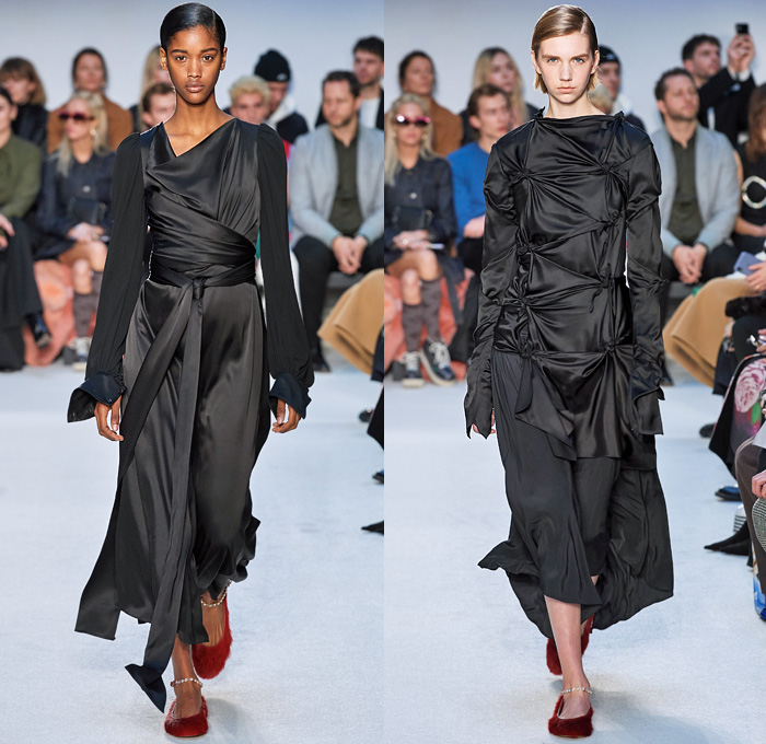 JW Anderson 2020-2021 Fall Autumn Winter Womens Runway Catwalk Looks - London Fashion Week Collections UK - Puff Ball Skirt Maxi Dress Gown Scales Fringes Tiered Silk Satin Turtleneck Bedazzled Embroidery Beads Crystals Wrap Draped Cape Poncho Cloak Gold Metallic Stripes Waves Asymmetrical Ruffles Pussycat Bow Sheer Chiffon Knit Cinch Drawstring Leg O'Mutton Bell Sleeves Tie Up Waist Trench Coat Pantsuit Coatdress Oversized Wide Lapel Boots Fur Flats Claw Handbag