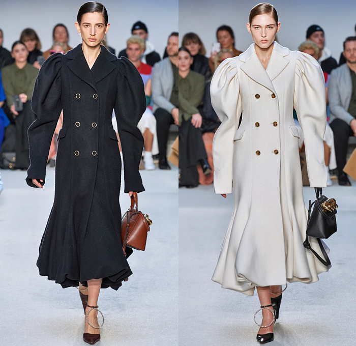 JW Anderson 2020-2021 Fall Autumn Winter Womens Runway Catwalk Looks - London Fashion Week Collections UK - Puff Ball Skirt Maxi Dress Gown Scales Fringes Tiered Silk Satin Turtleneck Bedazzled Embroidery Beads Crystals Wrap Draped Cape Poncho Cloak Gold Metallic Stripes Waves Asymmetrical Ruffles Pussycat Bow Sheer Chiffon Knit Cinch Drawstring Leg O'Mutton Bell Sleeves Tie Up Waist Trench Coat Pantsuit Coatdress Oversized Wide Lapel Boots Fur Flats Claw Handbag