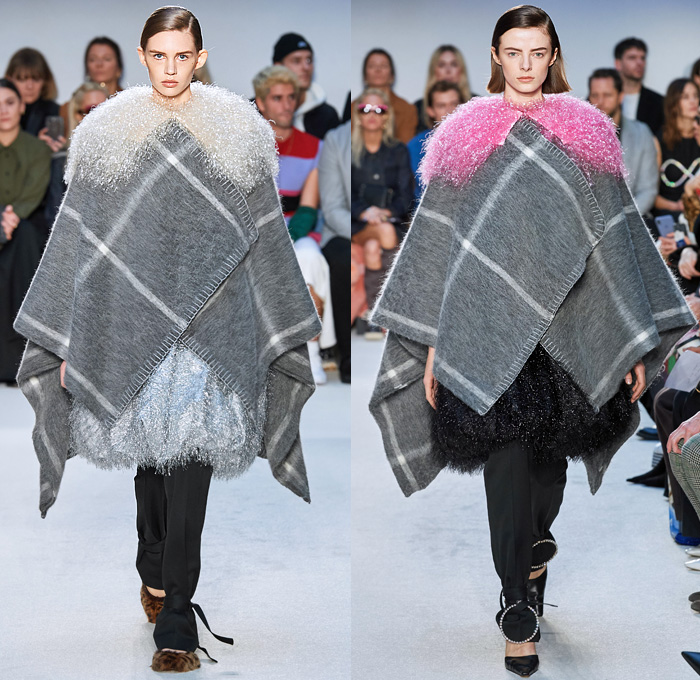 JW Anderson 2020-2021 Fall Autumn Winter Womens Runway Catwalk Looks - London Fashion Week Collections UK - Puff Ball Skirt Maxi Dress Gown Scales Fringes Tiered Silk Satin Turtleneck Bedazzled Embroidery Beads Crystals Wrap Draped Cape Poncho Cloak Gold Metallic Stripes Waves Asymmetrical Ruffles Pussycat Bow Sheer Chiffon Knit Cinch Drawstring Leg O'Mutton Bell Sleeves Tie Up Waist Trench Coat Pantsuit Coatdress Oversized Wide Lapel Boots Fur Flats Claw Handbag