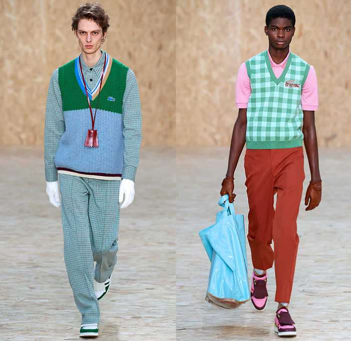 Lacoste 2020-2021 Fall Autumn Winter Mens Runway Looks Collection - Paris Fashion Week PFW - Designer Louise Trotter - Sport Golf Bag Tote Handbag Houndstooth Picnic Check Plaid Tartan Knit Crochet Mohair Vest Long Sleeve Shirt Gloves Turtleneck Sweater Patchwork Shorts Threads Strings Hoodie Anorak Cargo Flap Pockets PVC Vinyl Trench Coat Overcoat Field Cap Lanyard Sneaker Loafers