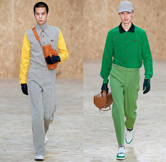 Lacoste 2020-2021 Fall Autumn Winter Mens Runway Looks Collection - Paris Fashion Week PFW - Designer Louise Trotter - Sport Golf Bag Tote Handbag Houndstooth Picnic Check Plaid Tartan Knit Crochet Mohair Vest Long Sleeve Shirt Gloves Turtleneck Sweater Patchwork Shorts Threads Strings Hoodie Anorak Cargo Flap Pockets PVC Vinyl Trench Coat Overcoat Field Cap Lanyard Sneaker Loafers