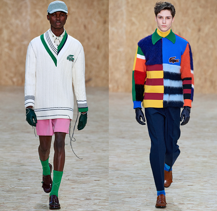 Lacoste 2020-2021 Fall Autumn Winter Mens Runway Looks Collection - Paris Fashion Week PFW - Designer Louise Trotter - Sport Golf Bag Tote Handbag Houndstooth Picnic Check Plaid Tartan Knit Crochet Mohair Vest Long Sleeve Shirt Gloves Turtleneck Sweater Patchwork Shorts Threads Strings Hoodie Anorak Cargo Flap Pockets PVC Vinyl Trench Coat Overcoat Field Cap Lanyard Sneaker Loafers