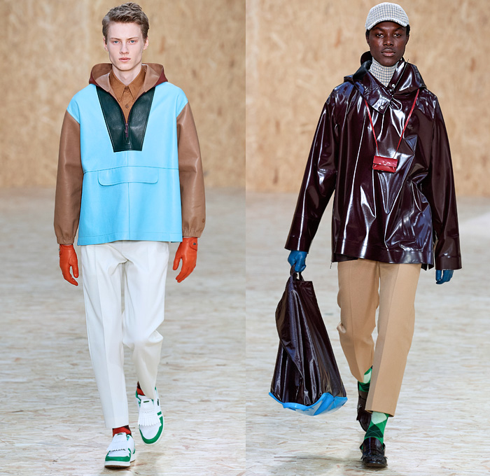 Lacoste 2020-2021 Fall Autumn Winter Mens Runway Looks Collection - Paris Fashion Week PFW - Designer Louise Trotter - Sport Golf Bag Tote Handbag Houndstooth Picnic Check Plaid Tartan Knit Crochet Mohair Vest Long Sleeve Shirt Gloves Turtleneck Sweater Patchwork Shorts Threads Strings Hoodie Anorak Cargo Flap Pockets PVC Vinyl Trench Coat Overcoat Field Cap Lanyard Sneaker Loafers