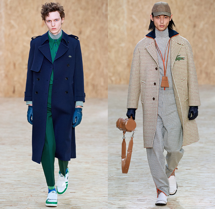 Lacoste 2020-2021 Fall Autumn Winter Mens Runway Looks Collection - Paris Fashion Week PFW - Designer Louise Trotter - Sport Golf Bag Tote Handbag Houndstooth Picnic Check Plaid Tartan Knit Crochet Mohair Vest Long Sleeve Shirt Gloves Turtleneck Sweater Patchwork Shorts Threads Strings Hoodie Anorak Cargo Flap Pockets PVC Vinyl Trench Coat Overcoat Field Cap Lanyard Sneaker Loafers