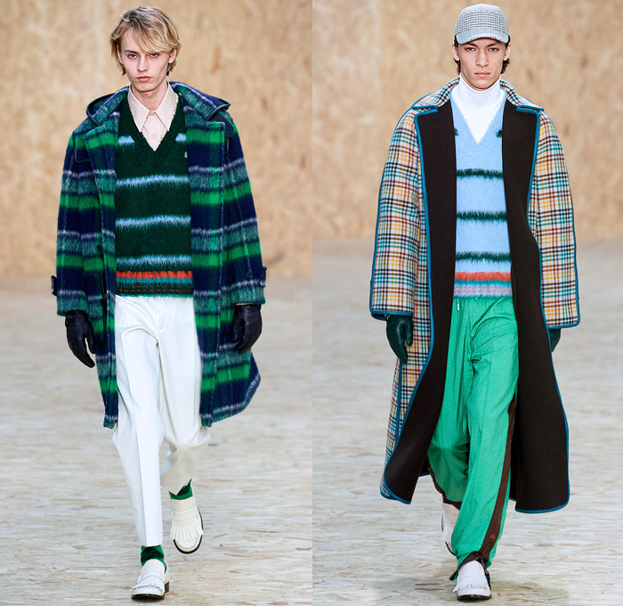 Lacoste 2020-2021 Fall Autumn Winter Mens Runway Looks Collection - Paris Fashion Week PFW - Designer Louise Trotter - Sport Golf Bag Tote Handbag Houndstooth Picnic Check Plaid Tartan Knit Crochet Mohair Vest Long Sleeve Shirt Gloves Turtleneck Sweater Patchwork Shorts Threads Strings Hoodie Anorak Cargo Flap Pockets PVC Vinyl Trench Coat Overcoat Field Cap Lanyard Sneaker Loafers