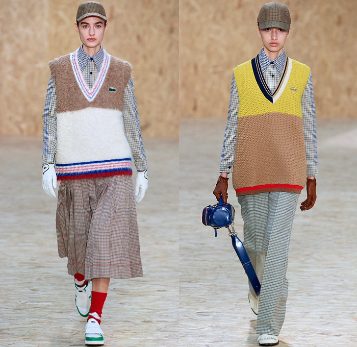 Lacoste 2020-2021 Fall Autumn Winter Womens Runway Looks Collection - Paris Fashion Week PFW - Designer Louise Trotter - Sport Golf Bag Tote Handbag Houndstooth Picnic Check Plaid Tartan Zigzag Stripes Knit Crochet Mohair Patchwork Polo Shirt Vest Long Sleeve Blouse Gloves Turtleneck Sweater Trench Coat Hoodie Parka Accordion Pleats Midi Skirt Drawstring Trackpants PVC Vinyl Cap Lanyard Sneaker Loafers