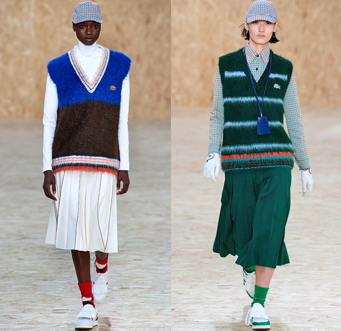 Lacoste 2020-2021 Fall Autumn Winter Womens Runway Looks Collection - Paris Fashion Week PFW - Designer Louise Trotter - Sport Golf Bag Tote Handbag Houndstooth Picnic Check Plaid Tartan Zigzag Stripes Knit Crochet Mohair Patchwork Polo Shirt Vest Long Sleeve Blouse Gloves Turtleneck Sweater Trench Coat Hoodie Parka Accordion Pleats Midi Skirt Drawstring Trackpants PVC Vinyl Cap Lanyard Sneaker Loafers