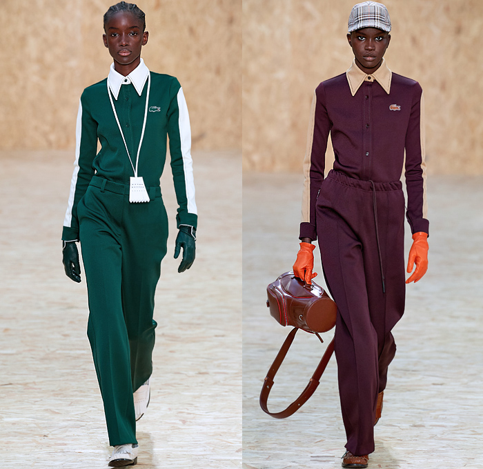 Lacoste 2020-2021 Fall Autumn Winter Womens Runway Looks Collection - Paris Fashion Week PFW - Designer Louise Trotter - Sport Golf Bag Tote Handbag Houndstooth Picnic Check Plaid Tartan Zigzag Stripes Knit Crochet Mohair Patchwork Polo Shirt Vest Long Sleeve Blouse Gloves Turtleneck Sweater Trench Coat Hoodie Parka Accordion Pleats Midi Skirt Drawstring Trackpants PVC Vinyl Cap Lanyard Sneaker Loafers