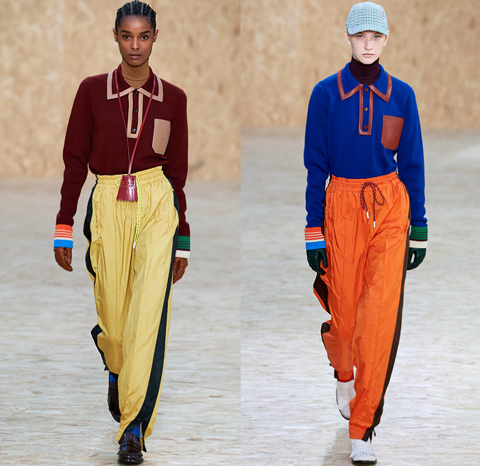 Lacoste 2020-2021 Fall Autumn Winter Womens Runway Looks Collection - Paris Fashion Week PFW - Designer Louise Trotter - Sport Golf Bag Tote Handbag Houndstooth Picnic Check Plaid Tartan Zigzag Stripes Knit Crochet Mohair Patchwork Polo Shirt Vest Long Sleeve Blouse Gloves Turtleneck Sweater Trench Coat Hoodie Parka Accordion Pleats Midi Skirt Drawstring Trackpants PVC Vinyl Cap Lanyard Sneaker Loafers