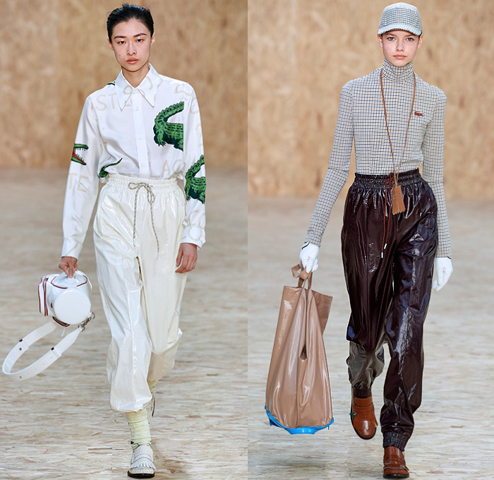 Lacoste 2020-2021 Fall Autumn Winter Womens Runway Looks Collection - Paris Fashion Week PFW - Designer Louise Trotter - Sport Golf Bag Tote Handbag Houndstooth Picnic Check Plaid Tartan Zigzag Stripes Knit Crochet Mohair Patchwork Polo Shirt Vest Long Sleeve Blouse Gloves Turtleneck Sweater Trench Coat Hoodie Parka Accordion Pleats Midi Skirt Drawstring Trackpants PVC Vinyl Cap Lanyard Sneaker Loafers