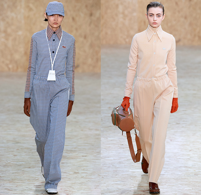 Lacoste 2020-2021 Fall Autumn Winter Womens Runway Looks Collection - Paris Fashion Week PFW - Designer Louise Trotter - Sport Golf Bag Tote Handbag Houndstooth Picnic Check Plaid Tartan Zigzag Stripes Knit Crochet Mohair Patchwork Polo Shirt Vest Long Sleeve Blouse Gloves Turtleneck Sweater Trench Coat Hoodie Parka Accordion Pleats Midi Skirt Drawstring Trackpants PVC Vinyl Cap Lanyard Sneaker Loafers