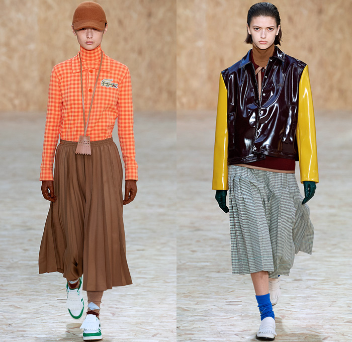 Lacoste 2020-2021 Fall Autumn Winter Womens Runway Looks Collection - Paris Fashion Week PFW - Designer Louise Trotter - Sport Golf Bag Tote Handbag Houndstooth Picnic Check Plaid Tartan Zigzag Stripes Knit Crochet Mohair Patchwork Polo Shirt Vest Long Sleeve Blouse Gloves Turtleneck Sweater Trench Coat Hoodie Parka Accordion Pleats Midi Skirt Drawstring Trackpants PVC Vinyl Cap Lanyard Sneaker Loafers