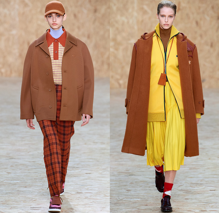 Lacoste 2020-2021 Fall Autumn Winter Womens Runway Looks Collection - Paris Fashion Week PFW - Designer Louise Trotter - Sport Golf Bag Tote Handbag Houndstooth Picnic Check Plaid Tartan Zigzag Stripes Knit Crochet Mohair Patchwork Polo Shirt Vest Long Sleeve Blouse Gloves Turtleneck Sweater Trench Coat Hoodie Parka Accordion Pleats Midi Skirt Drawstring Trackpants PVC Vinyl Cap Lanyard Sneaker Loafers