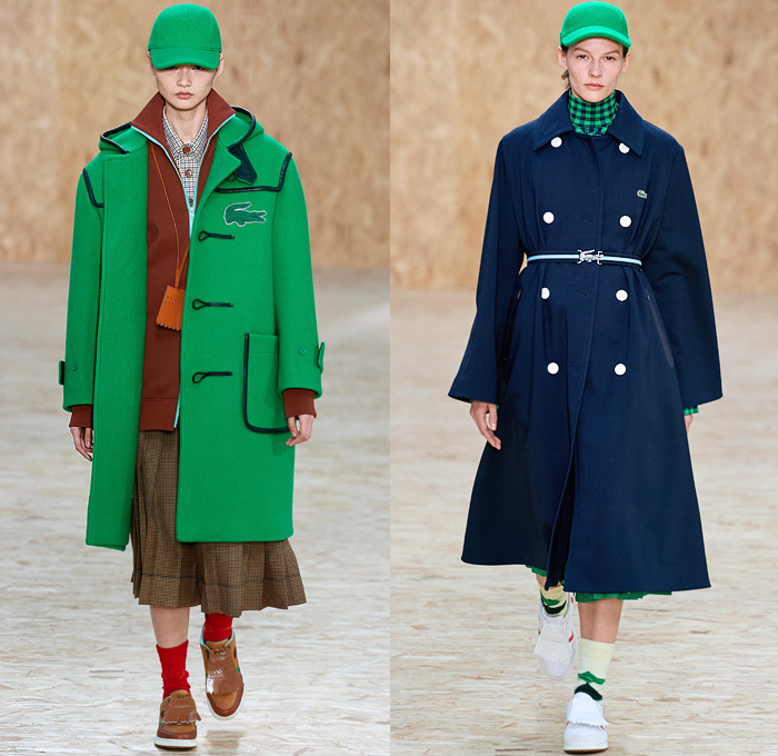 Lacoste 2020-2021 Fall Autumn Winter Womens Runway Looks Collection - Paris Fashion Week PFW - Designer Louise Trotter - Sport Golf Bag Tote Handbag Houndstooth Picnic Check Plaid Tartan Zigzag Stripes Knit Crochet Mohair Patchwork Polo Shirt Vest Long Sleeve Blouse Gloves Turtleneck Sweater Trench Coat Hoodie Parka Accordion Pleats Midi Skirt Drawstring Trackpants PVC Vinyl Cap Lanyard Sneaker Loafers