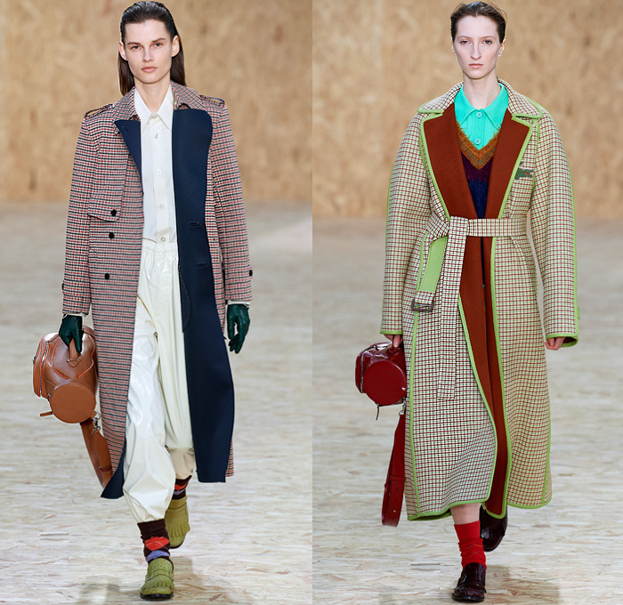 Lacoste 2020-2021 Fall Autumn Winter Womens Runway Looks Collection - Paris Fashion Week PFW - Designer Louise Trotter - Sport Golf Bag Tote Handbag Houndstooth Picnic Check Plaid Tartan Zigzag Stripes Knit Crochet Mohair Patchwork Polo Shirt Vest Long Sleeve Blouse Gloves Turtleneck Sweater Trench Coat Hoodie Parka Accordion Pleats Midi Skirt Drawstring Trackpants PVC Vinyl Cap Lanyard Sneaker Loafers