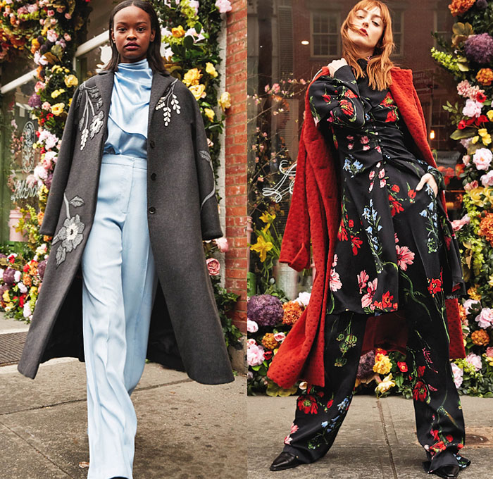 Lela Rose 2020-2021 Fall Autumn Winter Womens Lookbook Presentation - New York Fashion Week NYFW - Flower Shoppe Floral Print Embroidery Bedazzled Sequins Crystals Halterneck Maxi Dress Gown Wool Coat Silk Satin Scarf Cinch Waist Knit Spots Leaves Foliage Fauna Creases Wrinkles Wrap Asymmetrical Hem One Shoulder Turtleneck Sweater Sheer Tulle Wide Leg Slouchy Pants Boots