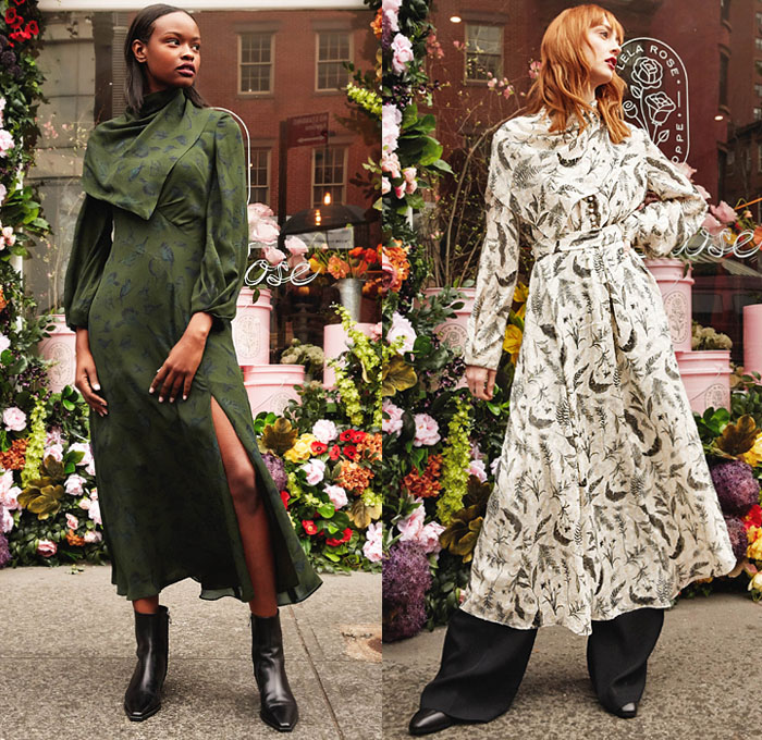 Lela Rose 2020-2021 Fall Autumn Winter Womens Lookbook Presentation - New York Fashion Week NYFW - Flower Shoppe Floral Print Embroidery Bedazzled Sequins Crystals Halterneck Maxi Dress Gown Wool Coat Silk Satin Scarf Cinch Waist Knit Spots Leaves Foliage Fauna Creases Wrinkles Wrap Asymmetrical Hem One Shoulder Turtleneck Sweater Sheer Tulle Wide Leg Slouchy Pants Boots