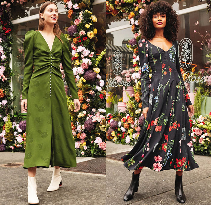 Lela Rose 2020-2021 Fall Autumn Winter Womens Lookbook Presentation - New York Fashion Week NYFW - Flower Shoppe Floral Print Embroidery Bedazzled Sequins Crystals Halterneck Maxi Dress Gown Wool Coat Silk Satin Scarf Cinch Waist Knit Spots Leaves Foliage Fauna Creases Wrinkles Wrap Asymmetrical Hem One Shoulder Turtleneck Sweater Sheer Tulle Wide Leg Slouchy Pants Boots