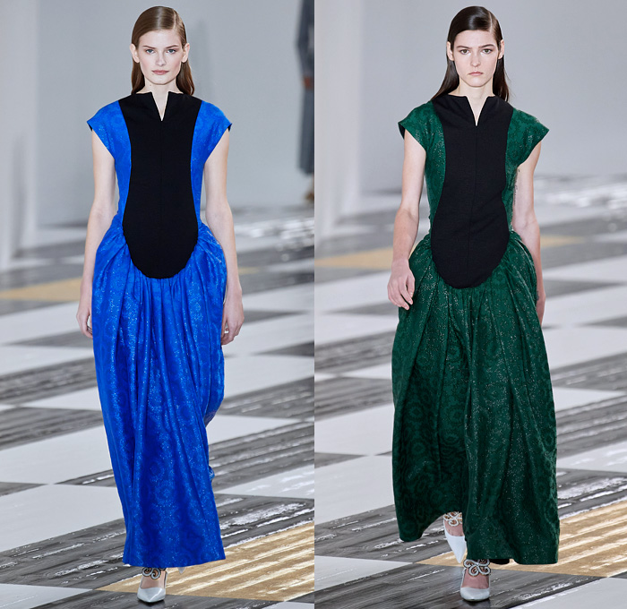 Loewe 2020-2021 Fall Autumn Winter Womens Runway Catwalk Looks - Paris Fashion Week Femme PFW Jonathan Anderson - Takuro Kuwata Ceramic Sculpture Pieces Studs Bedazzled Gems Jewels Oversized Lapel Double Breasted Coat Poncho Capelet Fur Feathers Headwear Hanging Sleeve Check Frayed Jacquard Brocade Dress Decorative Art Leaves Foliage Shrimp Prawn Geometric Print Pantsuit Drawstring Peplum Frankenstein Shoulders Wide Leg Parachute Pants Handbag Heels Trainers Snakeskin Loafers 
