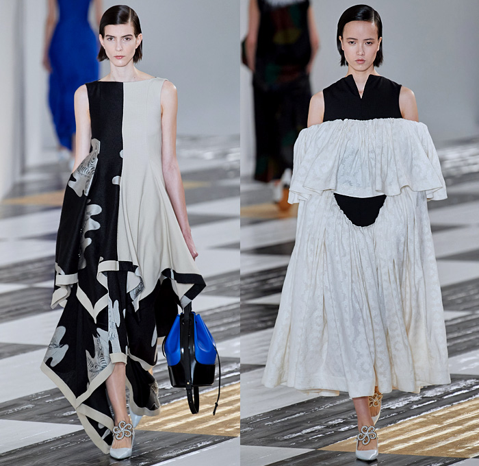Loewe 2020-2021 Fall Autumn Winter Womens Runway Catwalk Looks - Paris Fashion Week Femme PFW Jonathan Anderson - Takuro Kuwata Ceramic Sculpture Pieces Studs Bedazzled Gems Jewels Oversized Lapel Double Breasted Coat Poncho Capelet Fur Feathers Headwear Hanging Sleeve Check Frayed Jacquard Brocade Dress Decorative Art Leaves Foliage Shrimp Prawn Geometric Print Pantsuit Drawstring Peplum Frankenstein Shoulders Wide Leg Parachute Pants Handbag Heels Trainers Snakeskin Loafers 