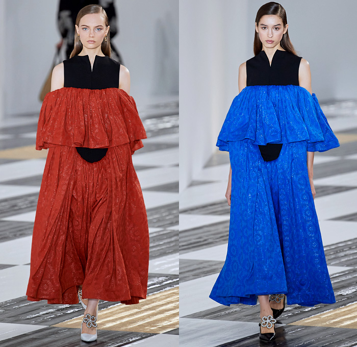 Loewe 2020-2021 Fall Autumn Winter Womens Runway Catwalk Looks - Paris Fashion Week Femme PFW Jonathan Anderson - Takuro Kuwata Ceramic Sculpture Pieces Studs Bedazzled Gems Jewels Oversized Lapel Double Breasted Coat Poncho Capelet Fur Feathers Headwear Hanging Sleeve Check Frayed Jacquard Brocade Dress Decorative Art Leaves Foliage Shrimp Prawn Geometric Print Pantsuit Drawstring Peplum Frankenstein Shoulders Wide Leg Parachute Pants Handbag Heels Trainers Snakeskin Loafers 