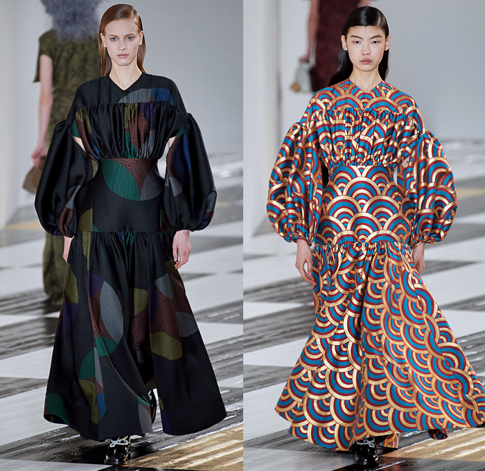 Loewe 2020-2021 Fall Autumn Winter Womens Runway Catwalk Looks - Paris Fashion Week Femme PFW Jonathan Anderson - Takuro Kuwata Ceramic Sculpture Pieces Studs Bedazzled Gems Jewels Oversized Lapel Double Breasted Coat Poncho Capelet Fur Feathers Headwear Hanging Sleeve Check Frayed Jacquard Brocade Dress Decorative Art Leaves Foliage Shrimp Prawn Geometric Print Pantsuit Drawstring Peplum Frankenstein Shoulders Wide Leg Parachute Pants Handbag Heels Trainers Snakeskin Loafers 