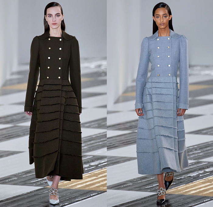 Loewe 2020-2021 Fall Autumn Winter Womens Runway Catwalk Looks - Paris Fashion Week Femme PFW Jonathan Anderson - Takuro Kuwata Ceramic Sculpture Pieces Studs Bedazzled Gems Jewels Oversized Lapel Double Breasted Coat Poncho Capelet Fur Feathers Headwear Hanging Sleeve Check Frayed Jacquard Brocade Dress Decorative Art Leaves Foliage Shrimp Prawn Geometric Print Pantsuit Drawstring Peplum Frankenstein Shoulders Wide Leg Parachute Pants Handbag Heels Trainers Snakeskin Loafers 