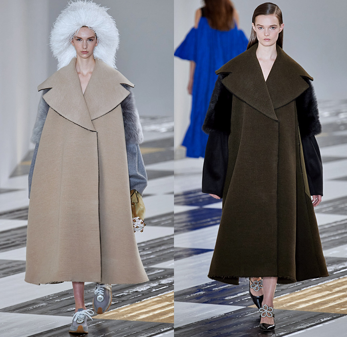 Loewe 2020-2021 Fall Autumn Winter Womens Runway Catwalk Looks - Paris Fashion Week Femme PFW Jonathan Anderson - Takuro Kuwata Ceramic Sculpture Pieces Studs Bedazzled Gems Jewels Oversized Lapel Double Breasted Coat Poncho Capelet Fur Feathers Headwear Hanging Sleeve Check Frayed Jacquard Brocade Dress Decorative Art Leaves Foliage Shrimp Prawn Geometric Print Pantsuit Drawstring Peplum Frankenstein Shoulders Wide Leg Parachute Pants Handbag Heels Trainers Snakeskin Loafers 