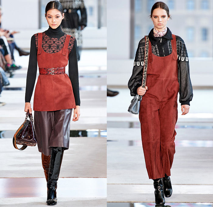 Longchamp 2020-2021 Fall Autumn Winter Womens Runway Catwalk Looks - New York Fashion Week NYFW - 1970s Seventies Parisian Red Velvet Lambskin Onesie Overalls Jumpsuit Crepe Dress Geometric Tribal Embroidery Structured Khaki Leather Python Belt Turtleneck Sweater Culottes Bermuda Shorts Cargo Pockets Pinafore Dress Sheer Tulle Skirt Mesh Lattice Quilted Puffer Parka Coat Poncho Fur Shearling Jacket Patchwork Lion Spots Le Pliage Handbag Metallic Tote Micro Mini Bag Boots