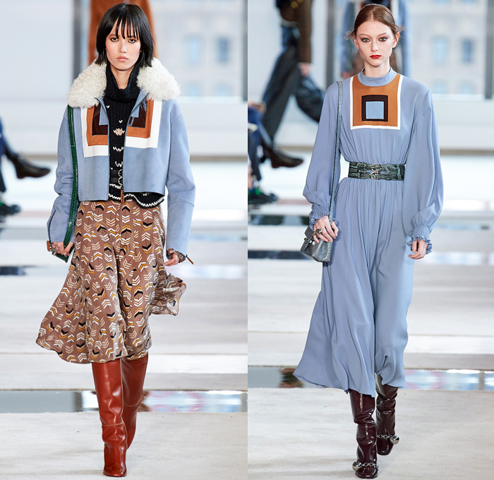 Longchamp 2020-2021 Fall Autumn Winter Womens Runway Catwalk Looks - New York Fashion Week NYFW - 1970s Seventies Parisian Red Velvet Lambskin Onesie Overalls Jumpsuit Crepe Dress Geometric Tribal Embroidery Structured Khaki Leather Python Belt Turtleneck Sweater Culottes Bermuda Shorts Cargo Pockets Pinafore Dress Sheer Tulle Skirt Mesh Lattice Quilted Puffer Parka Coat Poncho Fur Shearling Jacket Patchwork Lion Spots Le Pliage Handbag Metallic Tote Micro Mini Bag Boots