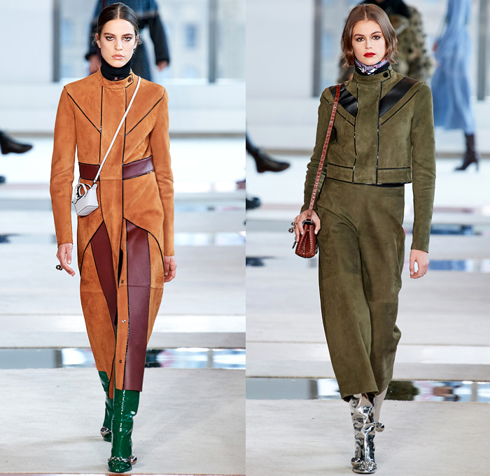 Longchamp 2020-2021 Fall Autumn Winter Womens Runway Catwalk Looks - New York Fashion Week NYFW - 1970s Seventies Parisian Red Velvet Lambskin Onesie Overalls Jumpsuit Crepe Dress Geometric Tribal Embroidery Structured Khaki Leather Python Belt Turtleneck Sweater Culottes Bermuda Shorts Cargo Pockets Pinafore Dress Sheer Tulle Skirt Mesh Lattice Quilted Puffer Parka Coat Poncho Fur Shearling Jacket Patchwork Lion Spots Le Pliage Handbag Metallic Tote Micro Mini Bag Boots