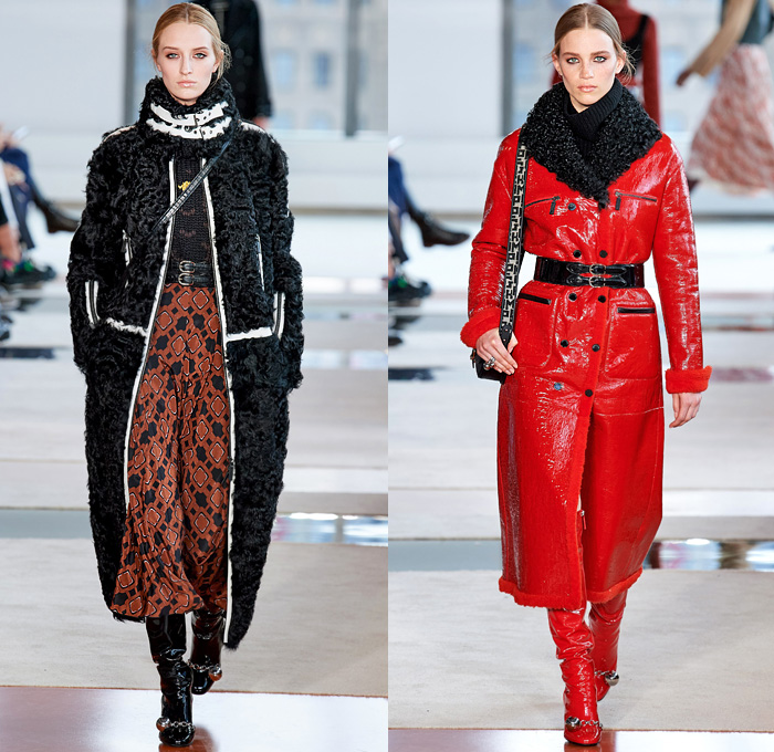 Longchamp 2020-2021 Fall Autumn Winter Womens Runway Catwalk Looks - New York Fashion Week NYFW - 1970s Seventies Parisian Red Velvet Lambskin Onesie Overalls Jumpsuit Crepe Dress Geometric Tribal Embroidery Structured Khaki Leather Python Belt Turtleneck Sweater Culottes Bermuda Shorts Cargo Pockets Pinafore Dress Sheer Tulle Skirt Mesh Lattice Quilted Puffer Parka Coat Poncho Fur Shearling Jacket Patchwork Lion Spots Le Pliage Handbag Metallic Tote Micro Mini Bag Boots