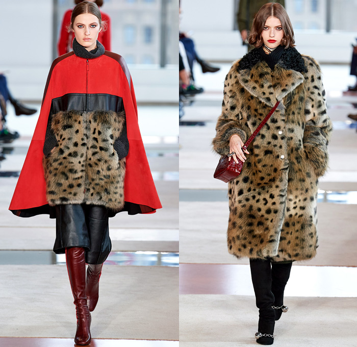 Longchamp 2020-2021 Fall Autumn Winter Womens Runway Catwalk Looks - New York Fashion Week NYFW - 1970s Seventies Parisian Red Velvet Lambskin Onesie Overalls Jumpsuit Crepe Dress Geometric Tribal Embroidery Structured Khaki Leather Python Belt Turtleneck Sweater Culottes Bermuda Shorts Cargo Pockets Pinafore Dress Sheer Tulle Skirt Mesh Lattice Quilted Puffer Parka Coat Poncho Fur Shearling Jacket Patchwork Lion Spots Le Pliage Handbag Metallic Tote Micro Mini Bag Boots