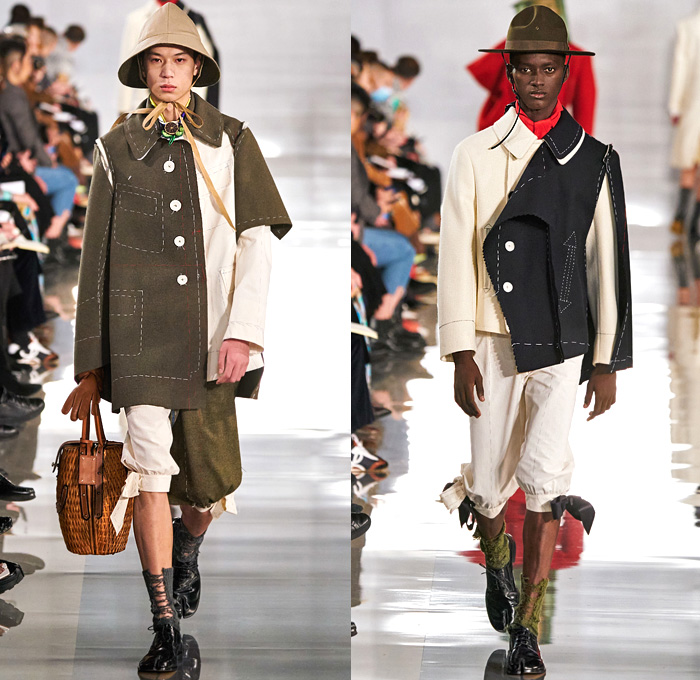 Maison Martin Margiela 2020-2021 Fall Autumn Winter Mens Runway Looks - Mode à Paris Fashion Week France - Deconstructed Khaki Wool Toile Work-in-Progress Caban Trench Coat Bloomers Melton Felt Contrast Stitching Shorts Culottes Sailor Collar Boy Scout Neckerchief Shaggy Fur Patches Sheer Tulle Cargo Pockets Asymmetrical Herringbone Sleeve Ripped Socks Tabi Derby Shoes Trainers Boots Recicla Wicker Basket Bag Trooper Bucket Hat Beekeeper Mask