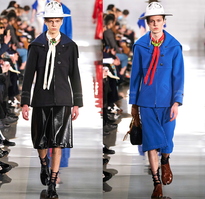 Maison Martin Margiela 2020-2021 Fall Autumn Winter Mens Runway Looks - Mode à Paris Fashion Week France - Deconstructed Khaki Wool Toile Work-in-Progress Caban Trench Coat Bloomers Melton Felt Contrast Stitching Shorts Culottes Sailor Collar Boy Scout Neckerchief Shaggy Fur Patches Sheer Tulle Cargo Pockets Asymmetrical Herringbone Sleeve Ripped Socks Tabi Derby Shoes Trainers Boots Recicla Wicker Basket Bag Trooper Bucket Hat Beekeeper Mask