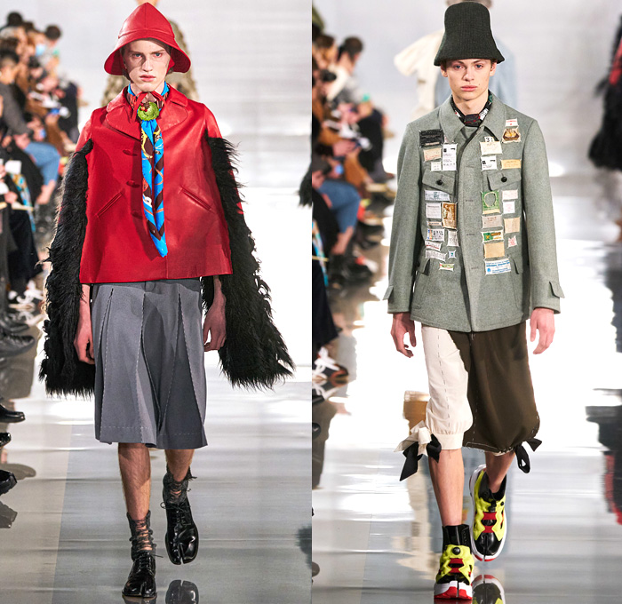 Maison Martin Margiela 2020-2021 Fall Autumn Winter Mens Runway Looks - Mode à Paris Fashion Week France - Deconstructed Khaki Wool Toile Work-in-Progress Caban Trench Coat Bloomers Melton Felt Contrast Stitching Shorts Culottes Sailor Collar Boy Scout Neckerchief Shaggy Fur Patches Sheer Tulle Cargo Pockets Asymmetrical Herringbone Sleeve Ripped Socks Tabi Derby Shoes Trainers Boots Recicla Wicker Basket Bag Trooper Bucket Hat Beekeeper Mask