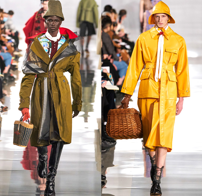 Maison Martin Margiela 2020-2021 Fall Autumn Winter Mens Runway Looks - Mode à Paris Fashion Week France - Deconstructed Khaki Wool Toile Work-in-Progress Caban Trench Coat Bloomers Melton Felt Contrast Stitching Shorts Culottes Sailor Collar Boy Scout Neckerchief Shaggy Fur Patches Sheer Tulle Cargo Pockets Asymmetrical Herringbone Sleeve Ripped Socks Tabi Derby Shoes Trainers Boots Recicla Wicker Basket Bag Trooper Bucket Hat Beekeeper Mask