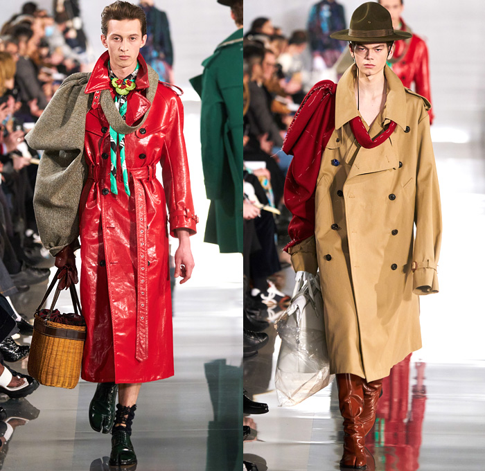 Maison Martin Margiela 2020-2021 Fall Autumn Winter Mens Runway Looks - Mode à Paris Fashion Week France - Deconstructed Khaki Wool Toile Work-in-Progress Caban Trench Coat Bloomers Melton Felt Contrast Stitching Shorts Culottes Sailor Collar Boy Scout Neckerchief Shaggy Fur Patches Sheer Tulle Cargo Pockets Asymmetrical Herringbone Sleeve Ripped Socks Tabi Derby Shoes Trainers Boots Recicla Wicker Basket Bag Trooper Bucket Hat Beekeeper Mask