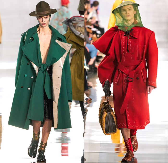 Maison Martin Margiela 2020-2021 Fall Autumn Winter Mens Runway Looks - Mode à Paris Fashion Week France - Deconstructed Khaki Wool Toile Work-in-Progress Caban Trench Coat Bloomers Melton Felt Contrast Stitching Shorts Culottes Sailor Collar Boy Scout Neckerchief Shaggy Fur Patches Sheer Tulle Cargo Pockets Asymmetrical Herringbone Sleeve Ripped Socks Tabi Derby Shoes Trainers Boots Recicla Wicker Basket Bag Trooper Bucket Hat Beekeeper Mask