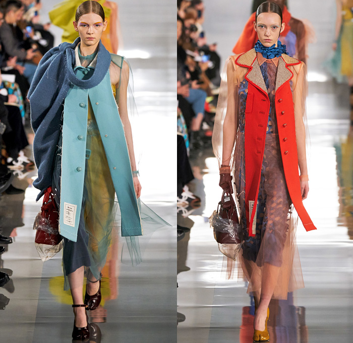 Maison Martin Margiela 2020-2021 Fall Autumn Winter Womens Runway Catwalk Looks - Mode à Paris Fashion Week France - Défilé Deconstructed Crêpe de Chine Sheer Chiffon Silk Satin Toile Strap Decortiqué Dress Felt Asymmetrical Bow Sleeve Bouclé Trench Coat Rainwear Cashmere Cardgian Tweed Twill Culottes Bedazzled Sequins Flannel Gloves Fur Plaid Check Herringbone Contrast Stitch Rags Mesh Holes Tabi Mary Janes Split Toe Boots Ripped Socks Instapump Recicla Leather Wicker Basket Handbag