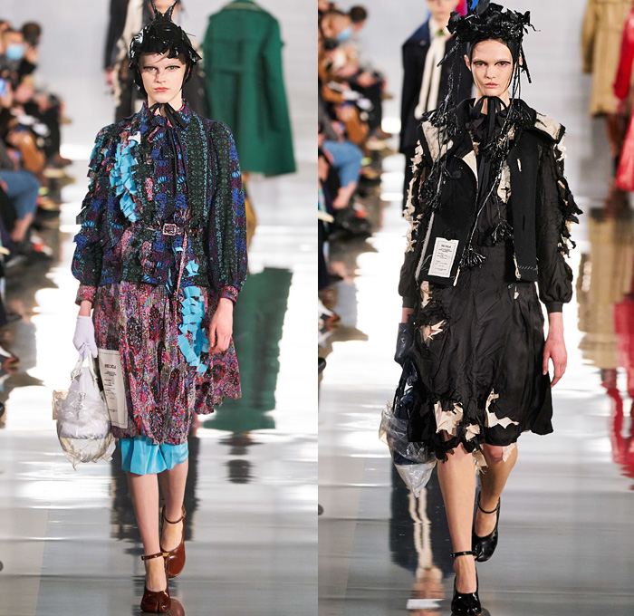 Maison Martin Margiela 2020-2021 Fall Autumn Winter Womens Runway Catwalk Looks - Mode à Paris Fashion Week France - Défilé Deconstructed Crêpe de Chine Sheer Chiffon Silk Satin Toile Strap Decortiqué Dress Felt Asymmetrical Bow Sleeve Bouclé Trench Coat Rainwear Cashmere Cardgian Tweed Twill Culottes Bedazzled Sequins Flannel Gloves Fur Plaid Check Herringbone Contrast Stitch Rags Mesh Holes Tabi Mary Janes Split Toe Boots Ripped Socks Instapump Recicla Leather Wicker Basket Handbag