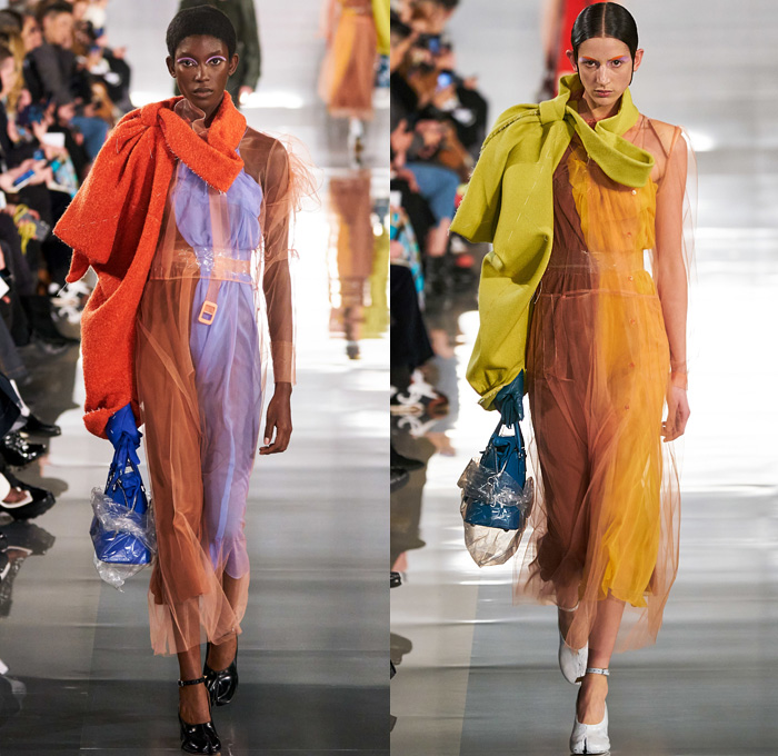 Maison Martin Margiela 2020-2021 Fall Autumn Winter Womens Runway Catwalk Looks - Mode à Paris Fashion Week France - Défilé Deconstructed Crêpe de Chine Sheer Chiffon Silk Satin Toile Strap Decortiqué Dress Felt Asymmetrical Bow Sleeve Bouclé Trench Coat Rainwear Cashmere Cardgian Tweed Twill Culottes Bedazzled Sequins Flannel Gloves Fur Plaid Check Herringbone Contrast Stitch Rags Mesh Holes Tabi Mary Janes Split Toe Boots Ripped Socks Instapump Recicla Leather Wicker Basket Handbag