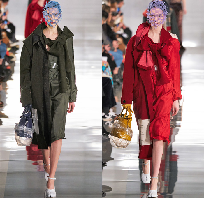 Maison Martin Margiela 2020-2021 Fall Autumn Winter Womens Runway Catwalk Looks - Mode à Paris Fashion Week France - Défilé Deconstructed Crêpe de Chine Sheer Chiffon Silk Satin Toile Strap Decortiqué Dress Felt Asymmetrical Bow Sleeve Bouclé Trench Coat Rainwear Cashmere Cardgian Tweed Twill Culottes Bedazzled Sequins Flannel Gloves Fur Plaid Check Herringbone Contrast Stitch Rags Mesh Holes Tabi Mary Janes Split Toe Boots Ripped Socks Instapump Recicla Leather Wicker Basket Handbag