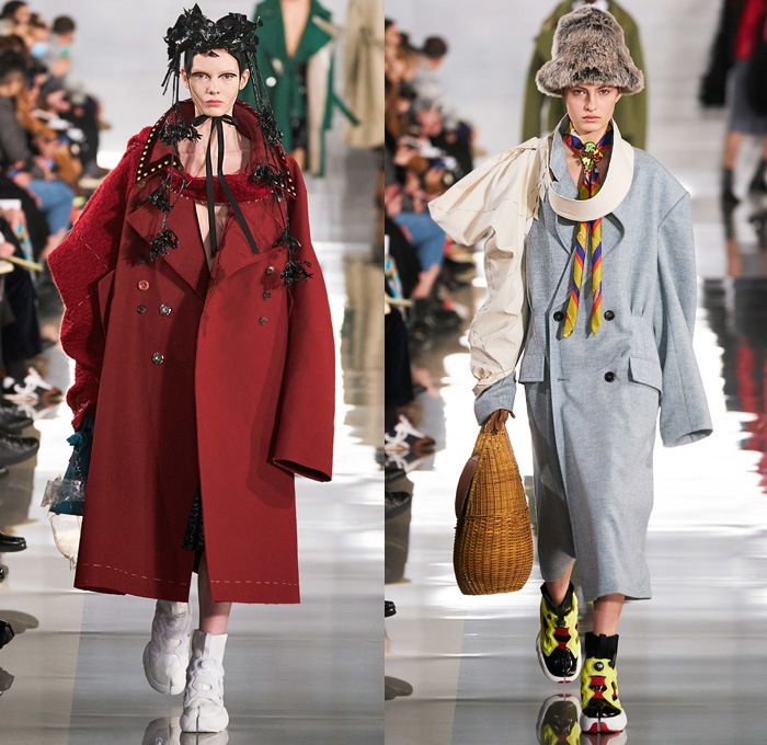 Maison Martin Margiela 2020-2021 Fall Autumn Winter Womens Runway Catwalk Looks - Mode à Paris Fashion Week France - Défilé Deconstructed Crêpe de Chine Sheer Chiffon Silk Satin Toile Strap Decortiqué Dress Felt Asymmetrical Bow Sleeve Bouclé Trench Coat Rainwear Cashmere Cardgian Tweed Twill Culottes Bedazzled Sequins Flannel Gloves Fur Plaid Check Herringbone Contrast Stitch Rags Mesh Holes Tabi Mary Janes Split Toe Boots Ripped Socks Instapump Recicla Leather Wicker Basket Handbag