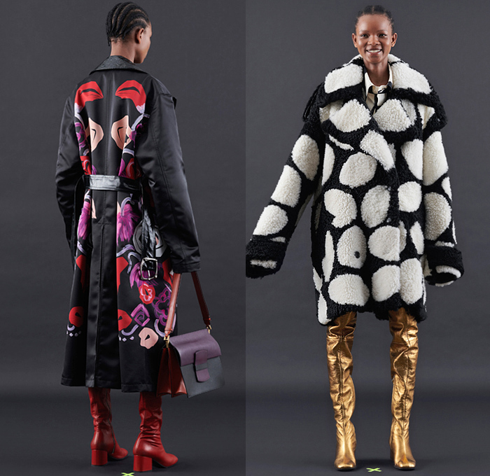Marni 2020 Pre-Fall Autumn Womens Lookbook Presentation - Francesco Risso - Beat Generation 1950s Fifties Nordic Knit Shawl Wrap Cardigan Hybrid Deconstructed Trench Coat Peacoat Ponchojacket Check Plaid Motorcycle Biker Jacket Turtleneck Crinkled Wrinkles Patchwork Fur Fleece Bedazzled Embroidery Swirls Hand-Painted Flowers Floral Roses Circles Accordion Pleats Jacketdress Shirtdress Cutout Asymmetrical Hem Maxi Dress Silk Satin Tied Knot Metallic Gold Silver Boots Handbag Trainers