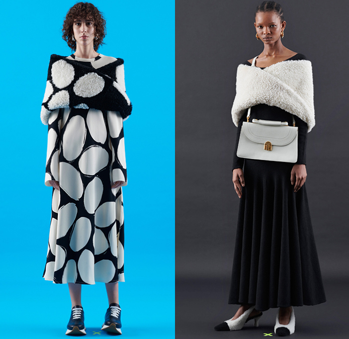 Marni 2020 Pre-Fall Autumn Womens Lookbook Presentation - Francesco Risso - Beat Generation 1950s Fifties Nordic Knit Shawl Wrap Cardigan Hybrid Deconstructed Trench Coat Peacoat Ponchojacket Check Plaid Motorcycle Biker Jacket Turtleneck Crinkled Wrinkles Patchwork Fur Fleece Bedazzled Embroidery Swirls Hand-Painted Flowers Floral Roses Circles Accordion Pleats Jacketdress Shirtdress Cutout Asymmetrical Hem Maxi Dress Silk Satin Tied Knot Metallic Gold Silver Boots Handbag Trainers